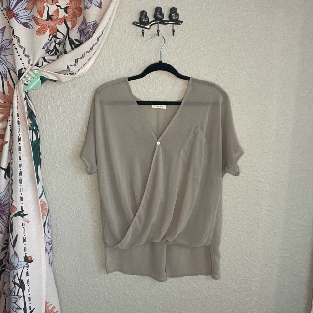 Phanuel Sheer Olive Green Slouchy Top with Asymmetrical Pocket